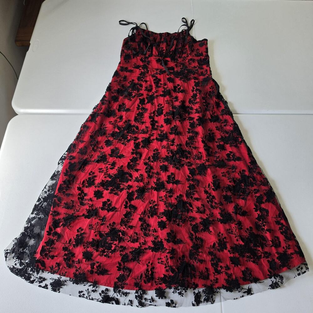 Whimsigoth Witch Dress Womens XL Red Black Floral Mesh Maxi Slip Party Formal